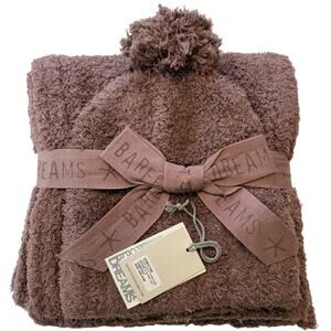 Barefoot Dreams CozyChic Pom Pom Beanie and Scarf Set in Chestnut NWT!